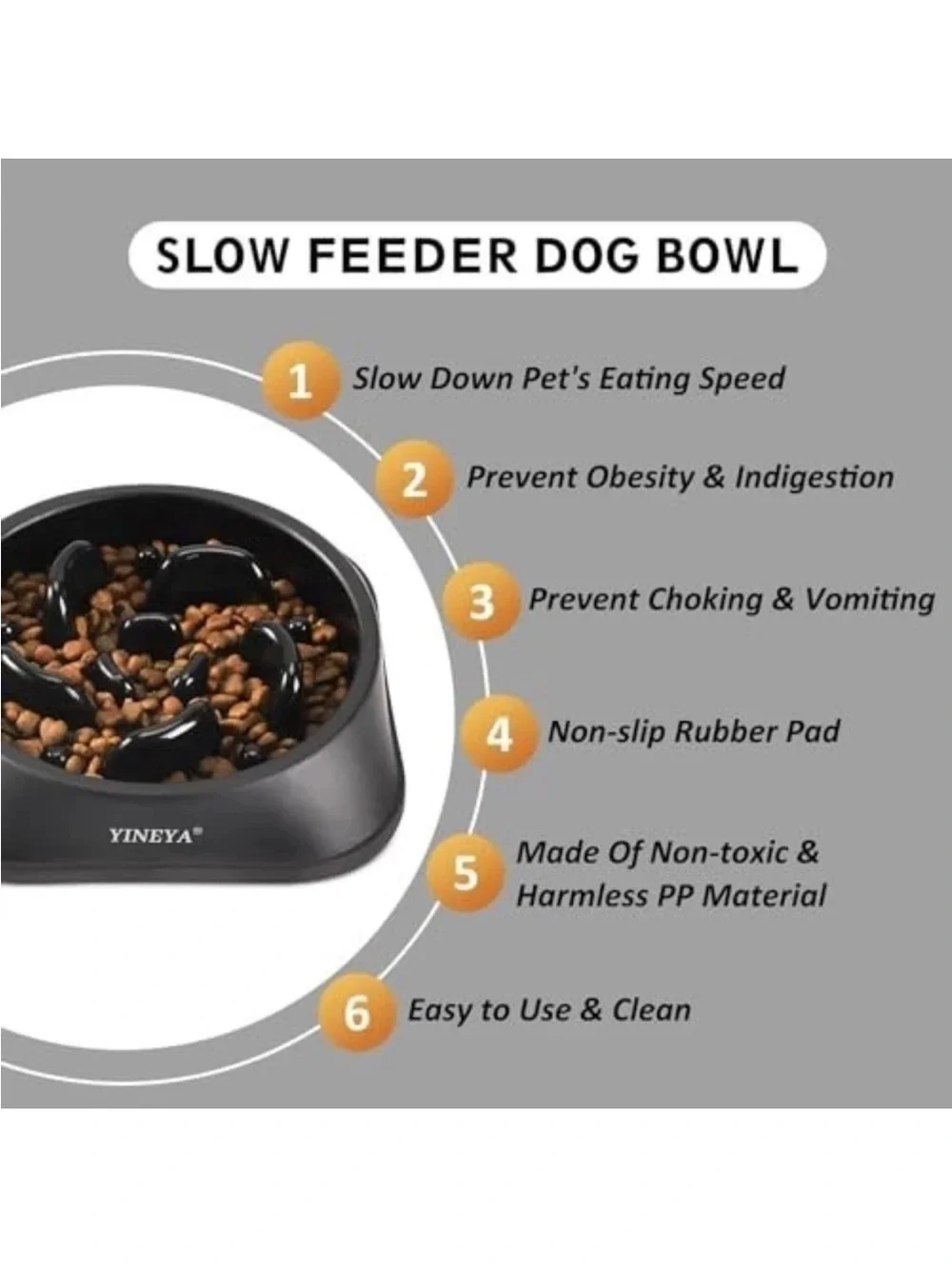 YINEYA Gray Slow Feeder Dog Bowl. New.